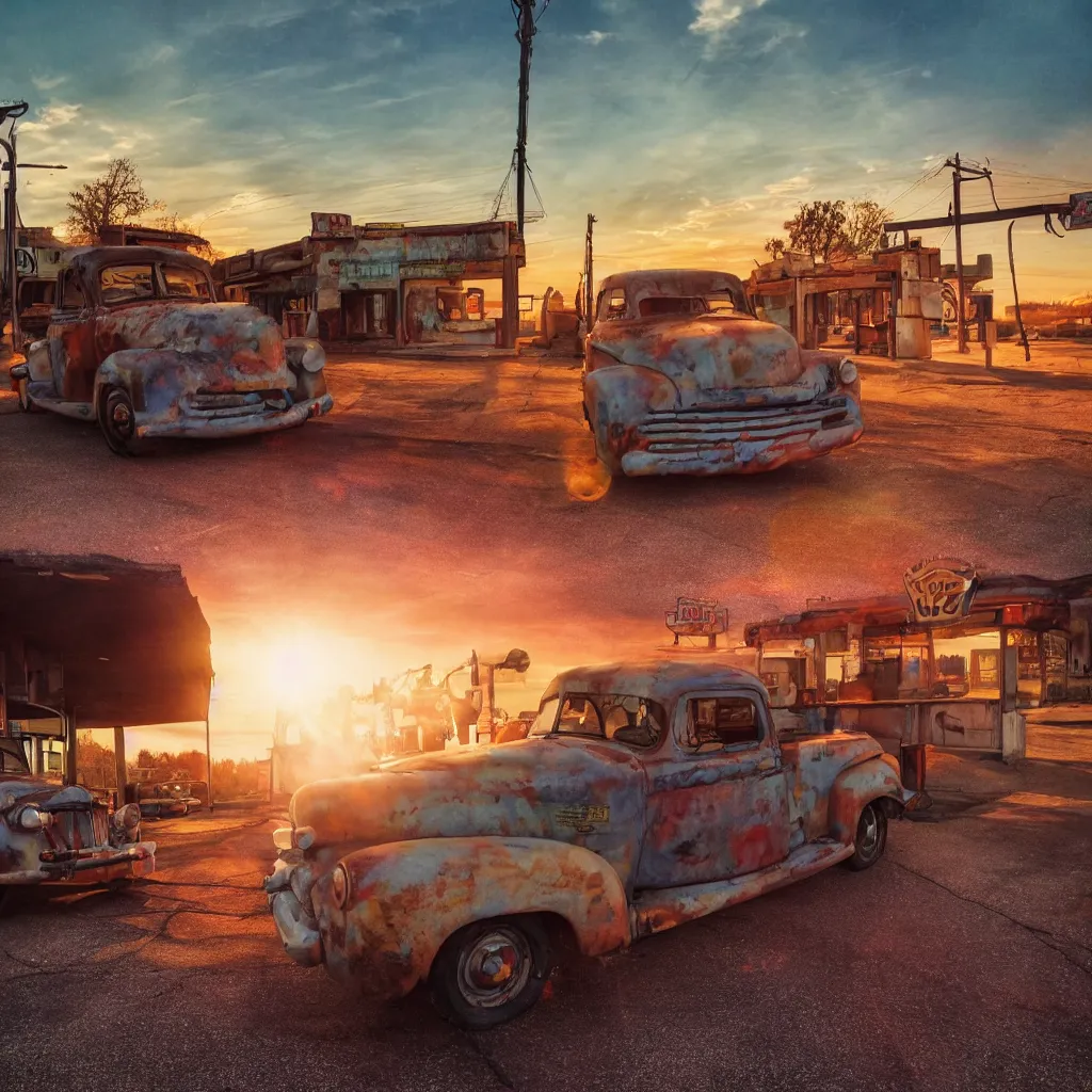 Prompt: a sunset light landscape with historical route 6 6, lots of sparkling details and sun ray ’ s, blinding backlight, smoke, volumetric lighting, colorful, octane, 3 5 mm, abandoned gas station, old rusty pickup - truck, beautiful epic colored reflections, very colorful heavenly, softlight