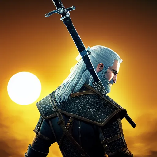 Image similar to the witcher standing at the edge of a cliff with his sword pointing up to the sun, artstation, detailed sketch