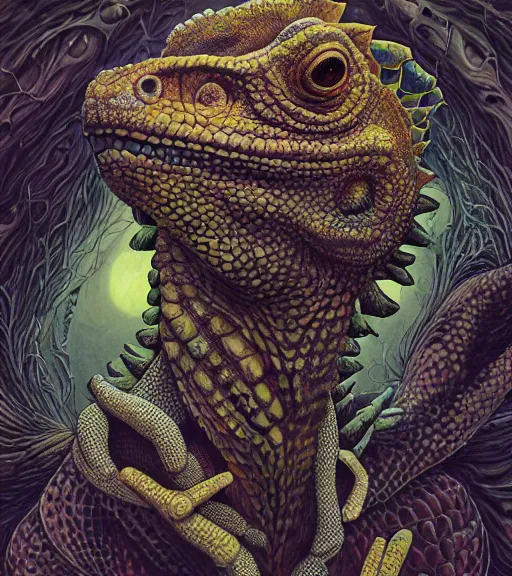 Prompt: portrait, nightmare anomalies, iguana by dariusz zawadzki, kenneth blom, mental alchemy, james jean, pablo amaringo, naudline pierre, contemporary art, hyper detailed