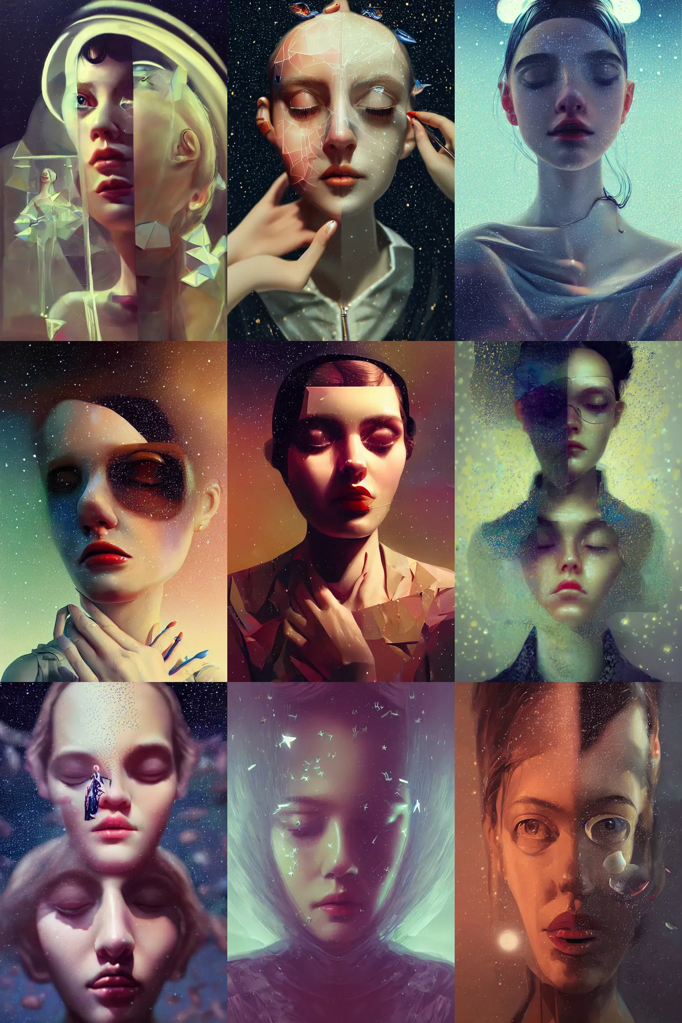 Image similar to 3 d, close - up, sleepy fashion model, plastic, deep night, stars, poster art, intricate oil painting, high detail, figurative art, multiple exposure, poster art, 3 d, by stanley kubrick and tooth wu and wlop and beeple