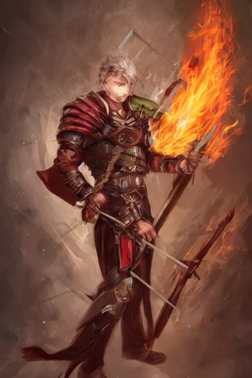 Image similar to male shifter, late 2 0 s, medium brown hair, green eyes, athletic build, armor under ripped white and red priest's clothes, holding wooden shield and flaming holy symbol, dungeons and dragons, pathfinder, roleplaying game art, concept art, character design,