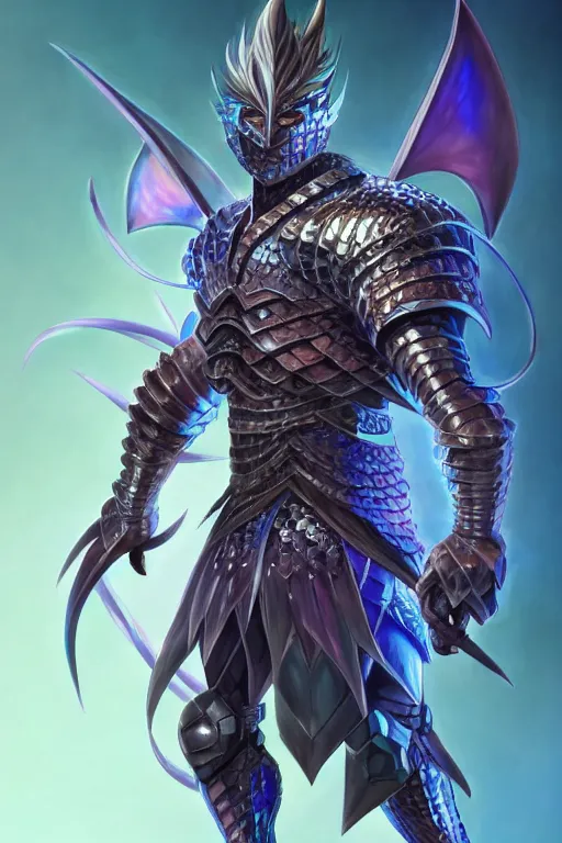 Image similar to Full body character concept art of an anime draconian warrior knight, iridescent scales, cool face, muscular, by Stanley Artgerm Lau, WLOP, Rossdraws, James Jean, Andrei Riabovitchev, Marc Simonetti, and Sakimichan, tranding on artstation