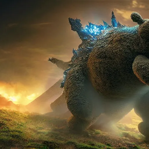 Prompt: winnie the pooh in the movie godzilla, cinematic, volumetric lighting, realistic, hyperdetailed, photorealistic, photograph