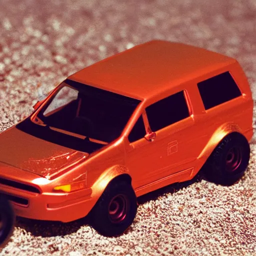 Image similar to 3 5 mm photo of metallic red aztek car like hot wheels model in area 5 1 as background