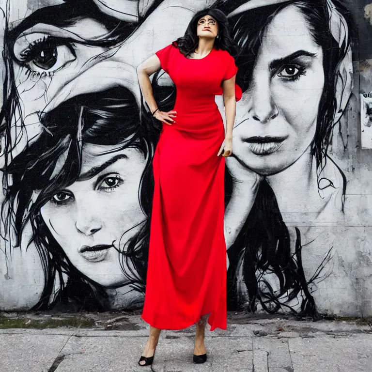 Prompt: Street-art mid-short portrait of Salma Hayek wearing red dress in style of Etam Cru, photorealism, Sony a7R