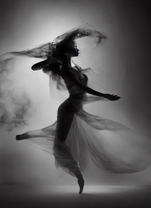 Image similar to a Photorealistic dramatic hyperrealistic render of a glamorous beautiful Female smoke dancer by Ken Brower and Deborah Ory of NYC Dance project,Lois Greenfield,Flowing cloth and smoke,Beautiful dynamic dramatic dark moody lighting,volumetric,shadows,cinematic atmosphere,Octane render,8K