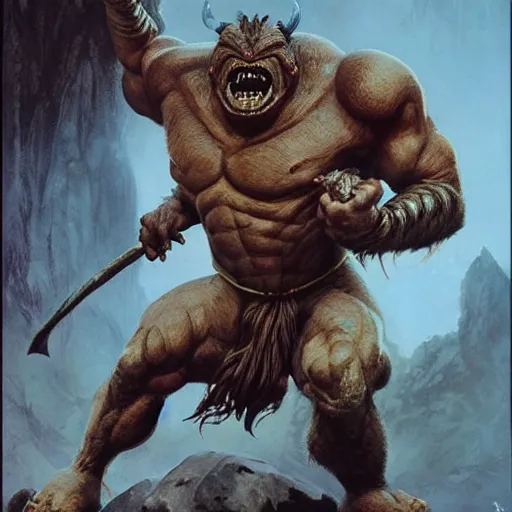 Image similar to head and shoulders ( ( ( vogue fashion photo portrait ) ) ) of an ogre barbarian, d & d, fantasy, greg rutkowski, frank frazetta, alexandre chaudret, boris vallejo, michael whelan, miro petrov, hr giger, magali villeneuve, donato giancola