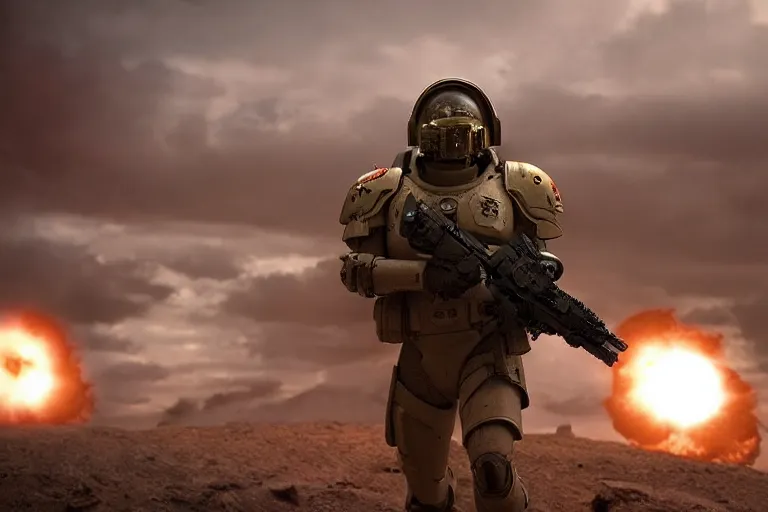 Image similar to VFX movie of a futuristic spacemarine in war zone, shooting gun natural lighting by Emmanuel Lubezki