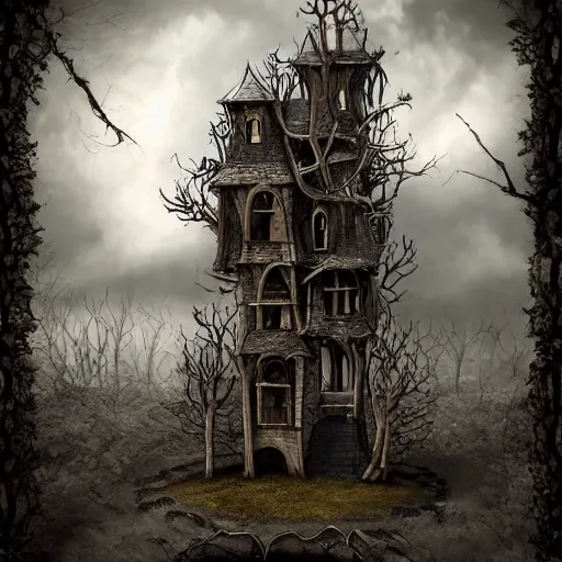 Prompt: lrge twisted and crooked gothic treehouse, highly detailed, artstation, high resolution, gothic, unnatural, gloomy