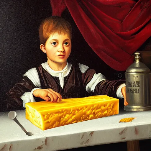 Image similar to a highly detailed oil painting of an 8 year old king ruling a cheese kingdom where everything is made from different types of cheese, surreal, 4 k, trending on art station, in the style of caravaggio and comic book style