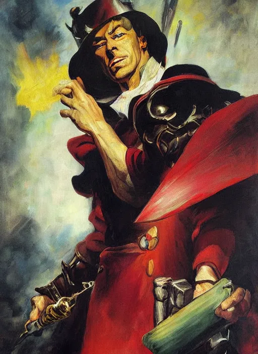 Image similar to portrait of noble duelist, coherent! by mariusz lewandowski, by frank frazetta, deep color, strong line, high contrast