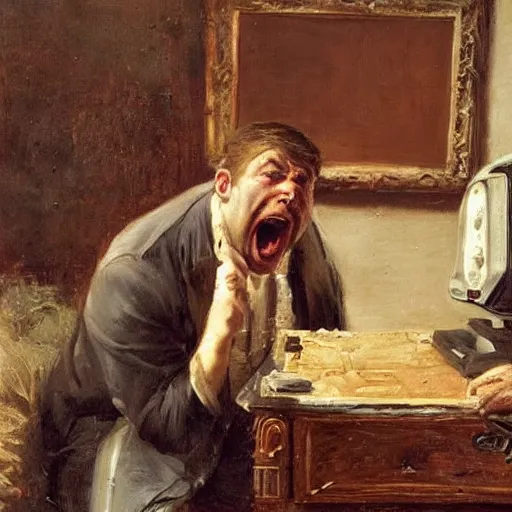 Image similar to an angry man yells at his computer monitor, oil on canvas, 1 8 8 3, highly detailed