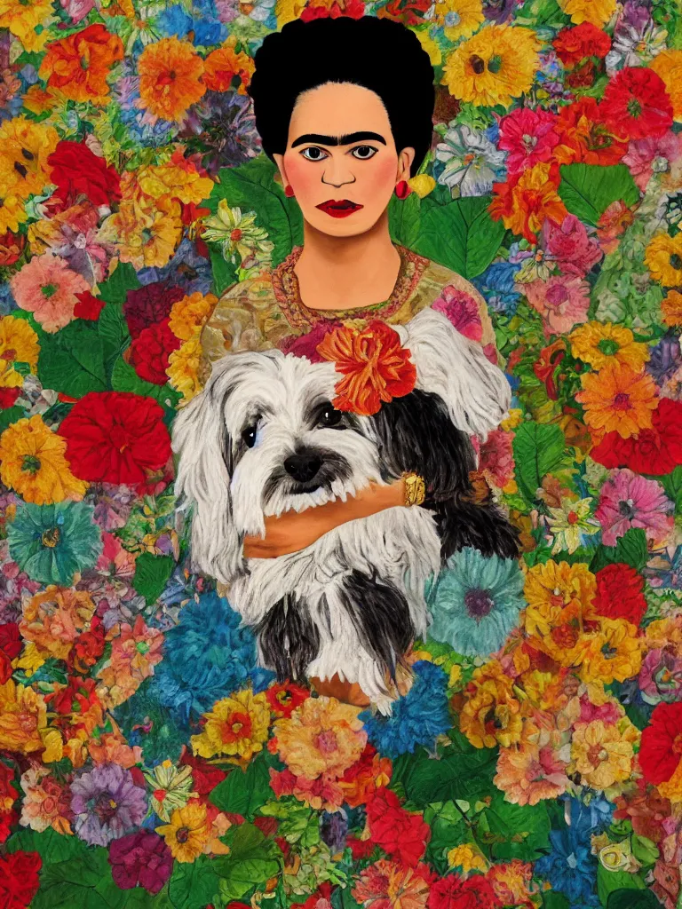 Prompt: portrait of a cream colored havanese dog dressed as frida kahlo, surreal background, naive art, by frida kahlo