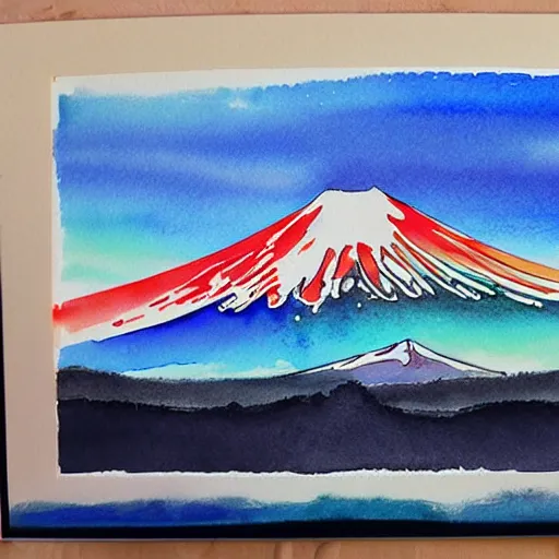 Prompt: Mount Fuji, sunset, watercolour ink