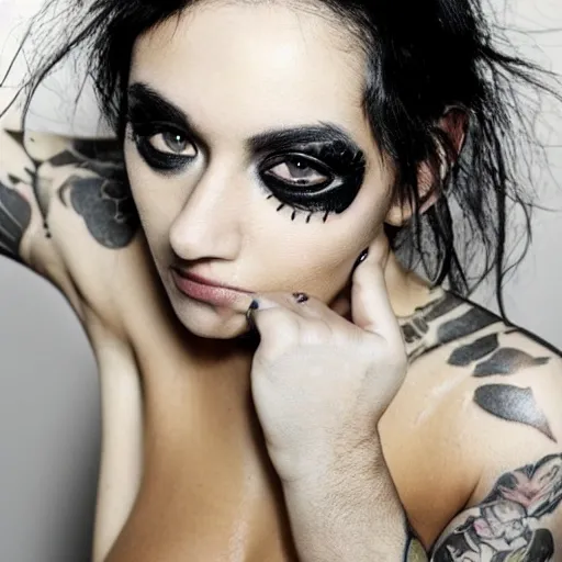 Prompt: Hot young woman with grey skin, void eyeballs, tattoos, and wearing leather ~n 10