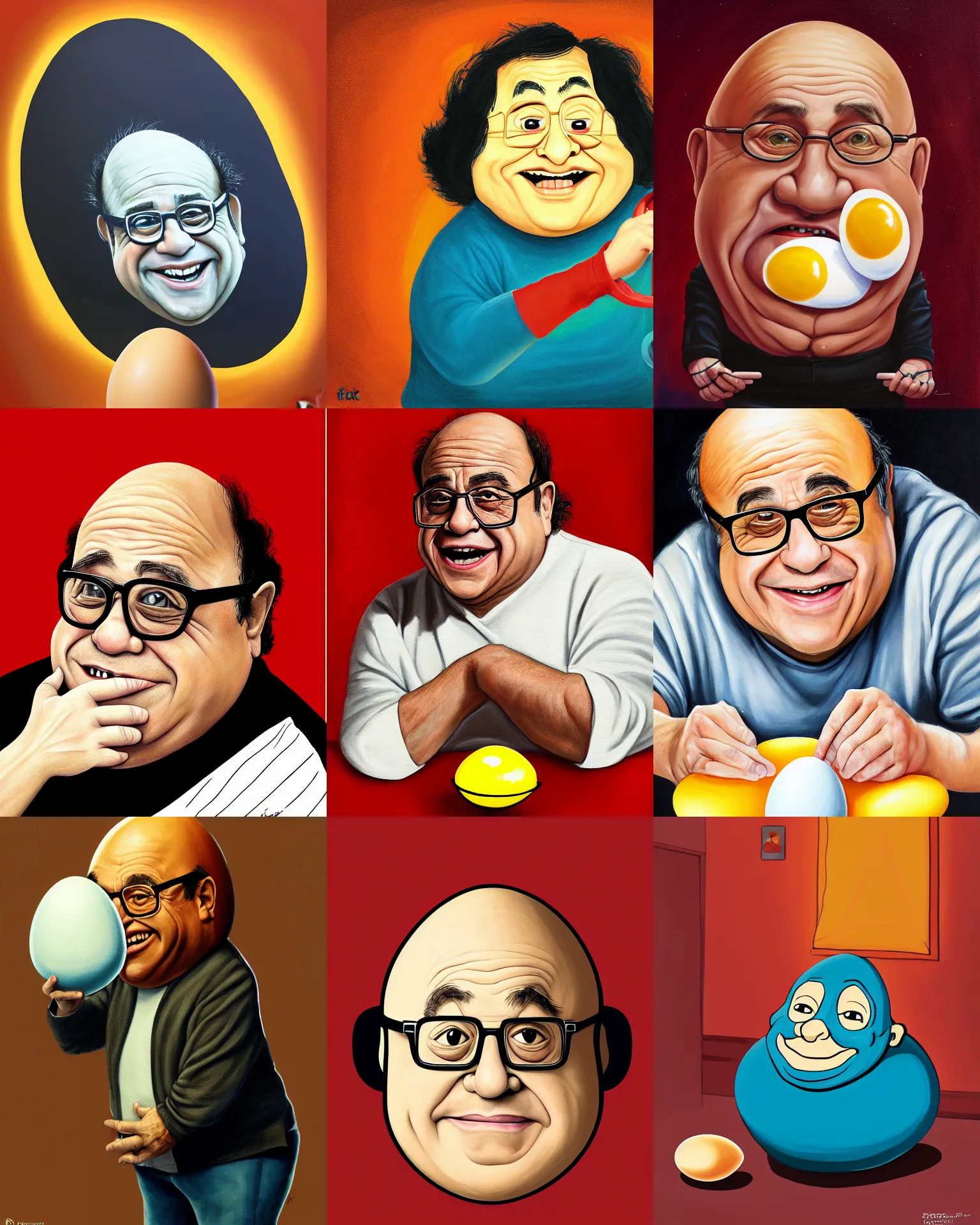 Image similar to painting portrait of danny devito as an egg, cartoon, warm lighting, danny devito has an egg body, movie poster, illustration by bartek fedyczak, erak note, tooth wu, neil richards, kan liu, siwoo kim, jisu choe, trending on art station