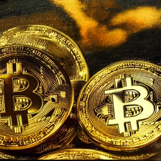 Prompt: Dutch oil painting from the 1600s, bitcoins on a table