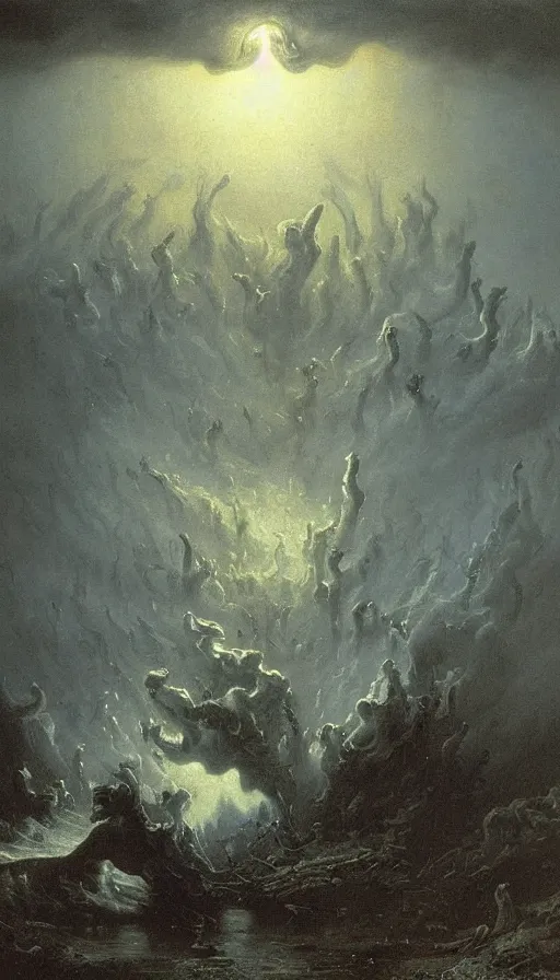 Image similar to a storm vortex made of many demonic eyes and teeth, by albert bierstadt,