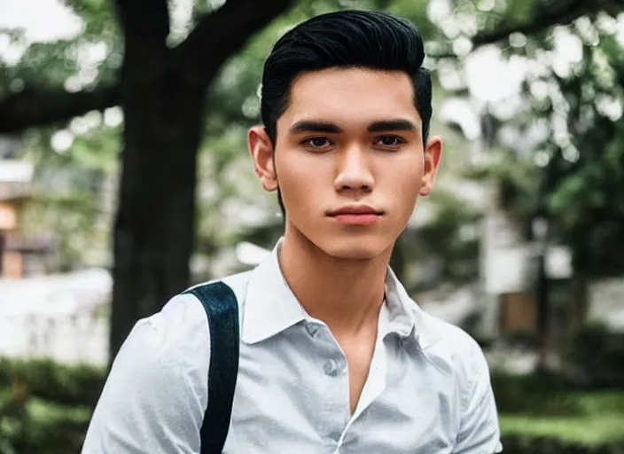 Prompt: outdoor medium shot of a very very very very extremely handsome!!! good looking young man in 2 0 2 2!! with the face of jose rizal wearing stylish modern!! clothes photo taken in 2 0 2 2, 3 5 mm f 1. 4 digital color photography