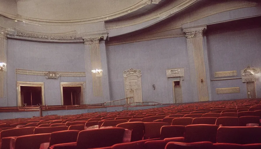 Image similar to 60s movie still of a sovietic stalinist style empty congress palace, with a Karl Marx portrait, cinestill 800t 50mm eastmancolor, liminal Space style, heavy grain-s 150