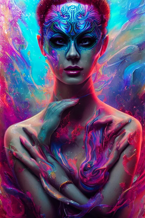 Image similar to a centered render of an alluring goddess wearing a psychedelic mask surrounded by a underwater ink pour, perfect face, powerful, cinematic, beautifully lit, by artgerm, by karol bak, 3 d, trending on artstation, octane render, 8 k