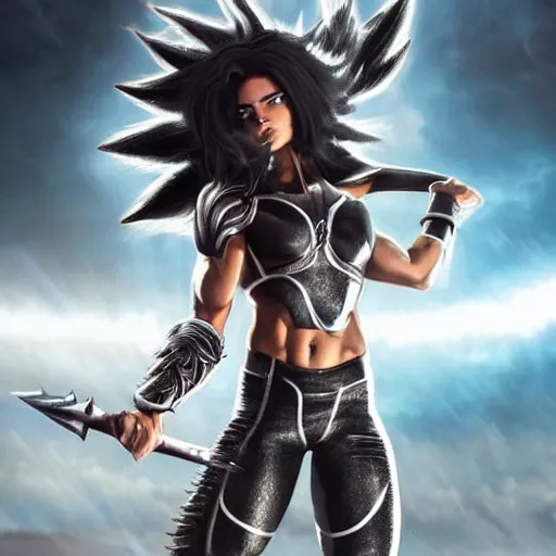 Image similar to warrior girl, muscular girl, wild spiky black saiyan hair, long spiky hair, electrified hair, wearing chrome silver armor and black spandex pants, ultra realistic, intricate details, highly detailed, subsurface scattering, photorealistic, octane render, 8 k, art by artgerm, greg rutkowski, magali villeneuve, alphonse mucha