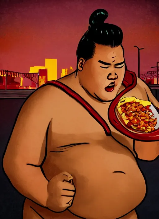 Prompt: sumo wrestler eating crunchy classic taco, holding hot sauce, portrait, photo realism, bokeh background, neon lights, city background, high definition, slr