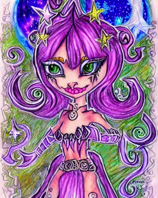 Image similar to josephine wall watercolor pencil drawing of a monster high universe clawdeen wolf fullmoon, stars, sigils and doodles around her, doodles of chibi jesters