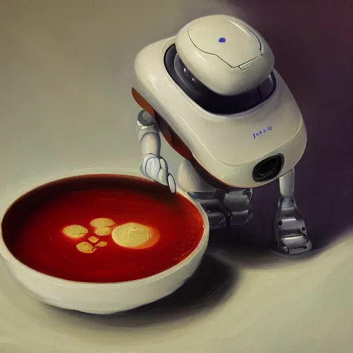 Prompt: a robot soup bowl, oil painting, pale colors, high detail, 8 k, wide angle, trending on artstation,