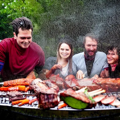 Image similar to portrait of people doing bbq under heavy rain