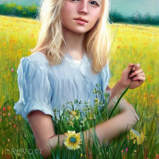 Image similar to young blonde pioneer girl in a meadow, portrait, anime