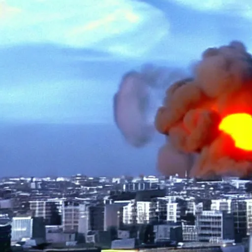 Image similar to atomic explosion, fireball, fireball explosion, 2 4 0 p footage, 2 0 0 6 youtube video, helicopter footage over city, fleeing crowds of people