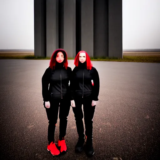 Prompt: photograph of 2 women wearing black techwear in front of a brutalist sharp - edged metal building, on a desolate plain, red eerie sky, sigma 8 5 mm f / 1. 4, 4 k, depth of field, high resolution, highly detailed, 4 k, 8 k, hd, full color