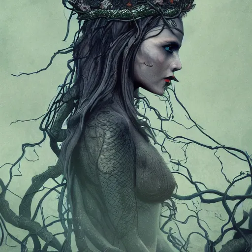 Prompt: dramatic portrait of the dark queen of snakes, wearing a crown of thorned vines, blue skin, realism, dark fantasy illustration, surrounded by dead forest, dynamic lighting, detailed textures, octane render, artstation