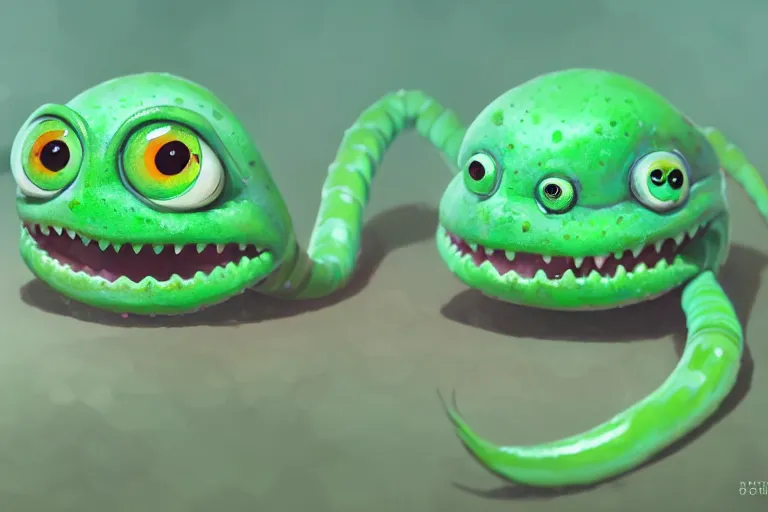 Image similar to symmetrical intricate murky clay cute friendly big eyes smiling green worm character kawaii, in the style of craola, macro lens, shallow depth of field, highly detailed, digital painting, trending artstation, concept art, illustration, cinematic lighting, pastel, photorealism, epic, octane render