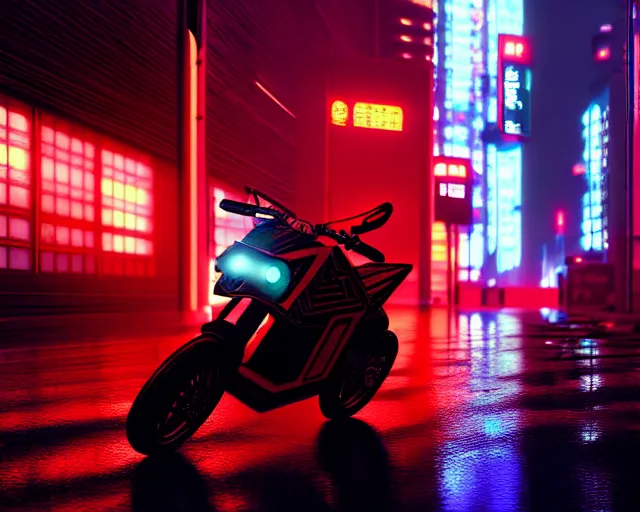 Prompt: concept art of an akira motorbike moving towards the camera on wet cyberpunk city streets at night cyberart in the style of liam wong in the film akira rendered in octane, 3 d render, trending on cgsociety, blender 3 d 8 k