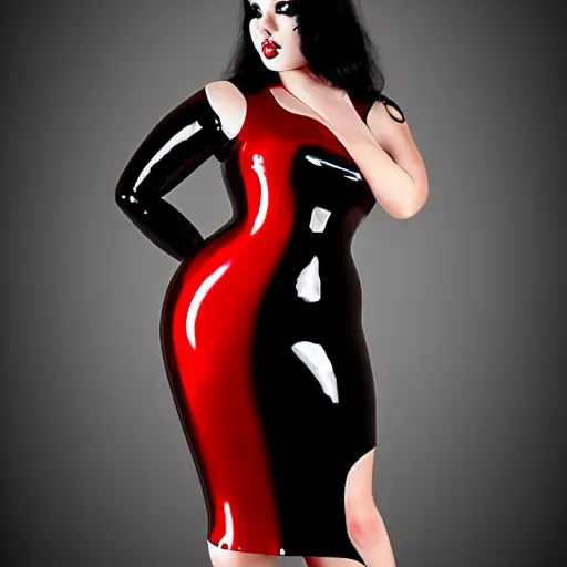 Image similar to curvy feminine hot goth woman with elegant red-black elegantly patterened latex dress, sequins, cgsociety, photorealistic, sublime ambience, 16k, smooth, sharp focus, trending on ArtStation, volumetric lighting, fully clothed, worksafe