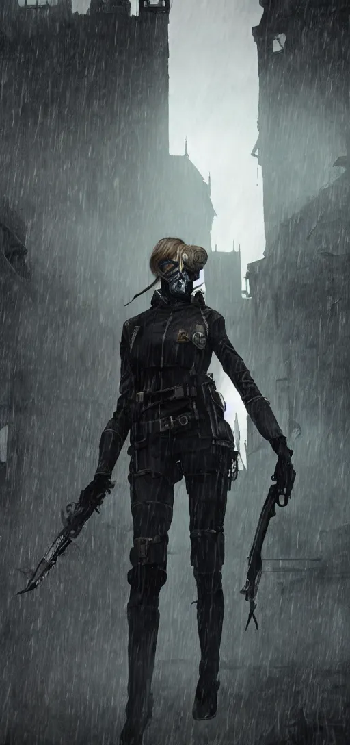 Image similar to annie leonhart in dunwall city wearing corvo attano mask and recon corps uniform running on a gothic house roof, redshift render, cinematic lighting, rainy weather, melancholy atmosphere, dunwall city, volumetric light, octane render, dishonored game, dishonored 1, gothic architecture, realistic reflections, octane render 8 k