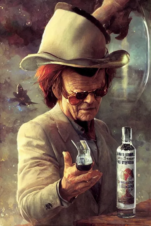 Image similar to a ship in a bottle but instead of a ship it is jack nicholson in the bottle, painting by artgerm, greg rutkowski, edgar maxence, norman rockwell, tom bagshaw