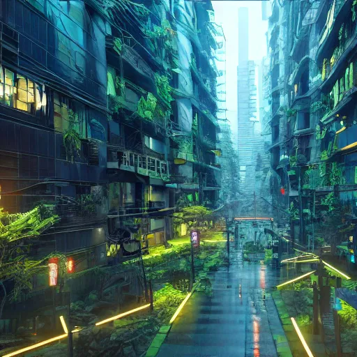 Image similar to Cyberpunk city in a lush bamboo forest, neon, trees, moody, Octane Render, HD, unreal engine, artstation trending, highly detailed