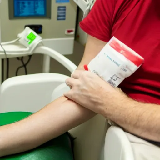 Image similar to a crying blood donor donating green blood in the hospital. green blood is dripping from blood donor's arm on to the floor.