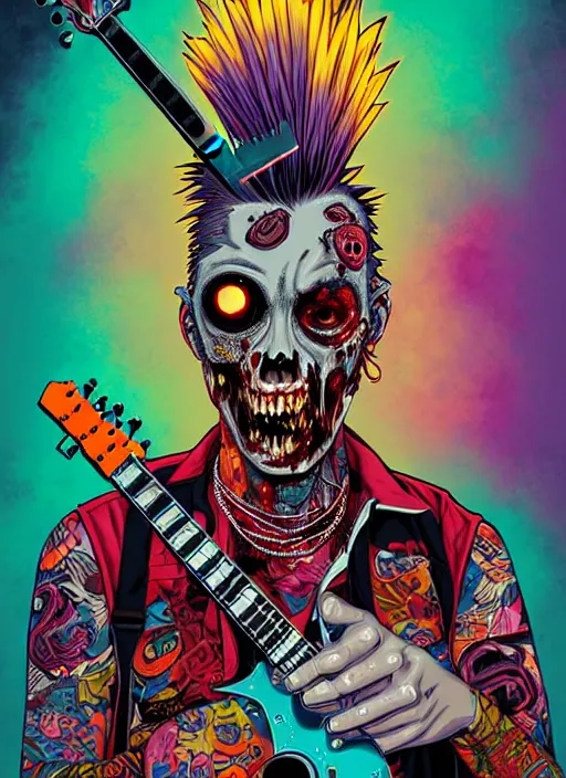 Image similar to a zombie punk rocker with a mohawk playing electric guitar, tristan eaton, victo ngai, artgerm, rhads, ross draws, rule of thirds by francis tneh