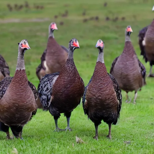 Prompt: group of wild turkeys in a field pecking at a well done steak