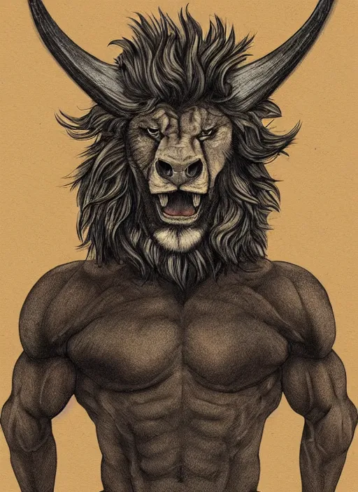 Image similar to a mighty strong creature with the body and eyes of a man, with the beak of an eagle, the mane of a lion and the horns of an ox. drawn by boris val