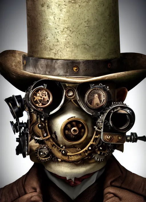 Image similar to closeup portrait of a steampunk medieval goblin wearing a top hat and goggles, depth of field, zeiss lens, detailed, symmetrical, centered, fashion photoshoot, by Annie Leibovitz and Steve McCurry, David Lazar, Jimmy Nelsson, Breathtaking, 8k resolution, extremely detailed, beautiful, establishing shot, artistic, hyperrealistic, beautiful face, octane render