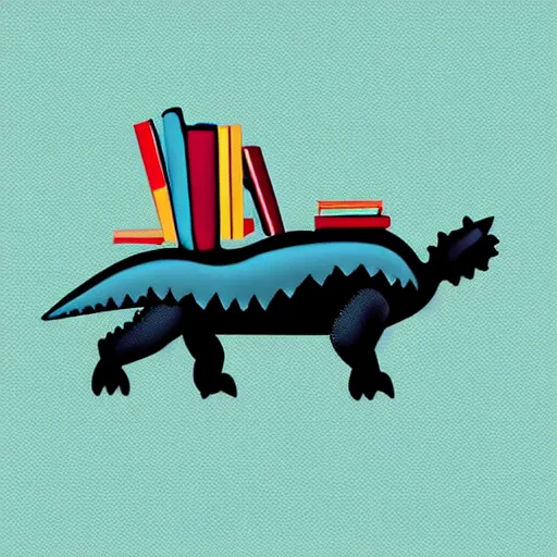 Prompt: stegosaurus with books instead of scales, logo, clean design, minimalist, svg