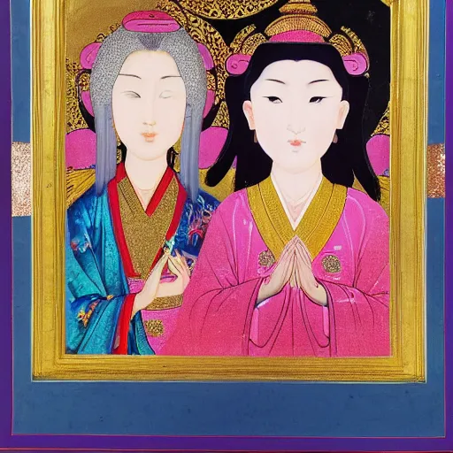 Image similar to portrait of 2 different asian looking girls, close up, one look away, one is holding lotus flower, in iconography style, theophanes the greek, glitter, chinese ornament dress, wooden frame, bright colors