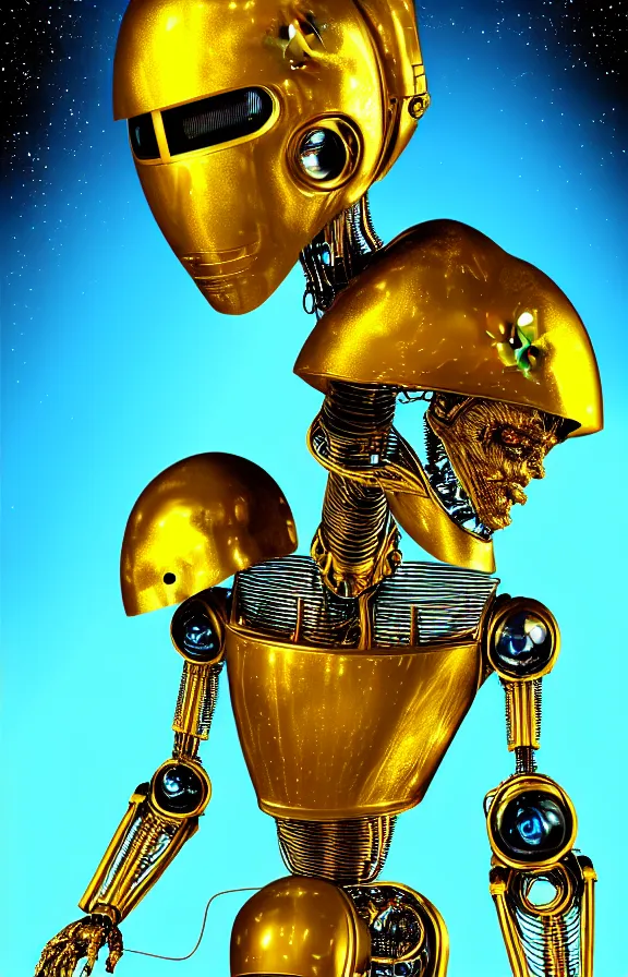 Image similar to portrait of a robot humanoid alien with golden armature and medieval helmet. Galactic iridescent background in the style of Tim white and moebius