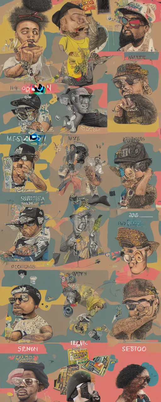 Image similar to evolution timeline from hip hop pants - aesthetic, smooth painting, each individual seeds have ultra high detailed, 4 k, illustration, comical, acrylic paint style, pencil style, torn cosmo magazine style, pop art style, ultra realistic, underrated, by mike swiderek, jorge lacera, ben lo, tyler west