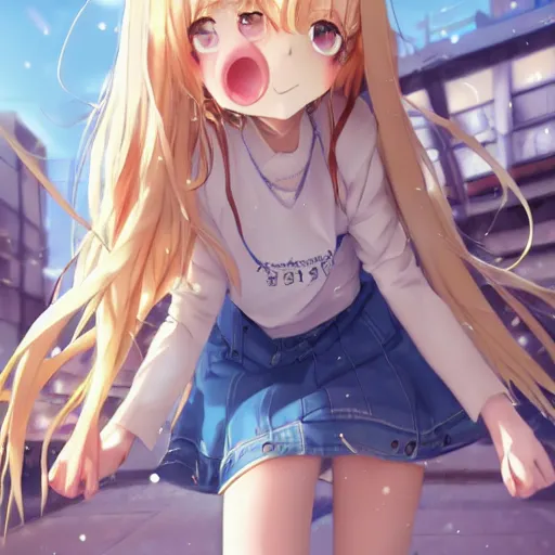 Image similar to a very beautiful anime girl, full body, long golden hair, sky blue eyes, full round face, short smile, mini jeans skirt, cute top, urban setting, cinematic lighting, medium shot, mid-shot, highly detailed, trending on Artstation, Unreal Engine 4k, cinematic wallpaper by Stanley Artgerm Lau, WLOP, Rossdraws, James Jean, Andrei Riabovitchev, Marc Simonetti, and Sakimichan